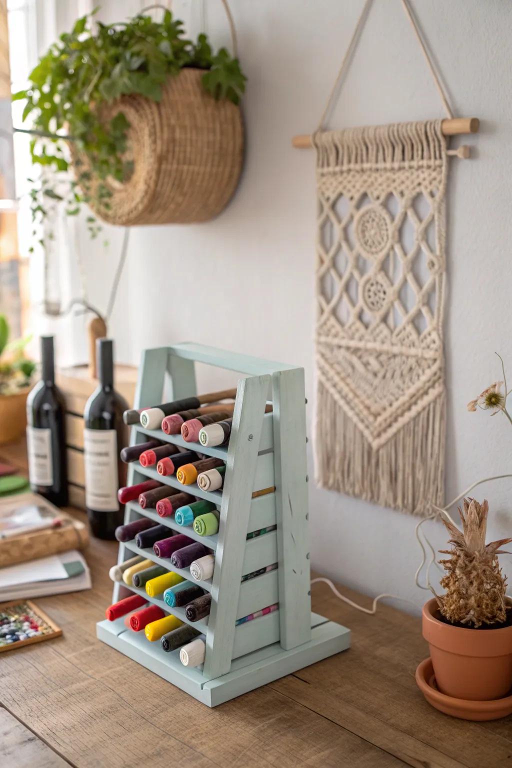 Transform your studio with a chic pen display—who knew a wine rack could be so versatile?