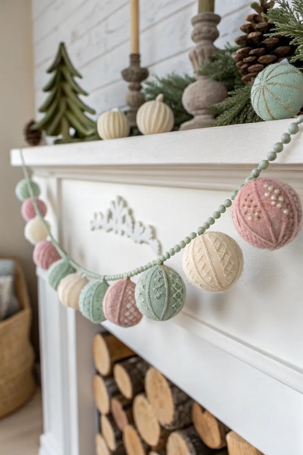 Add a touch of whimsy and warmth to your mantel with a plush ornament garland, perfect for a cozy Christmas vibe.