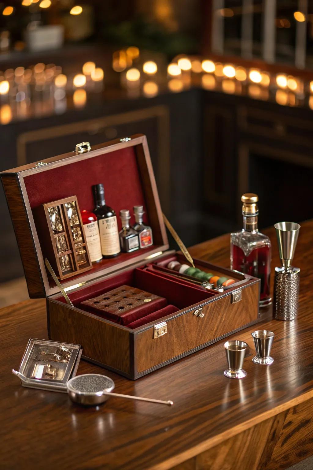 Transform a vintage cigar box into a striking mini bar – the perfect surprise for your next gathering!