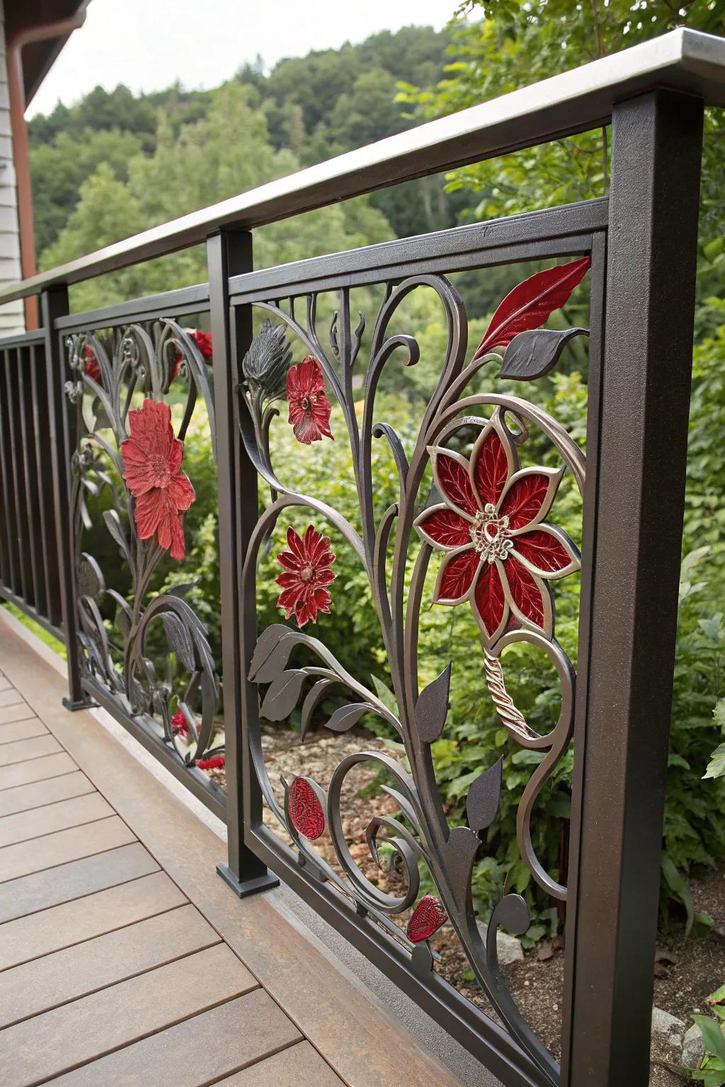 Elevate your deck with artistic flair: Stunning floral metal panels for a garden oasis vibe.