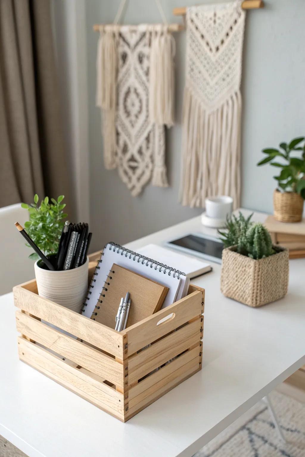Elevate your workspace with this chic apple crate storage idea — where functionality meets natural beauty!