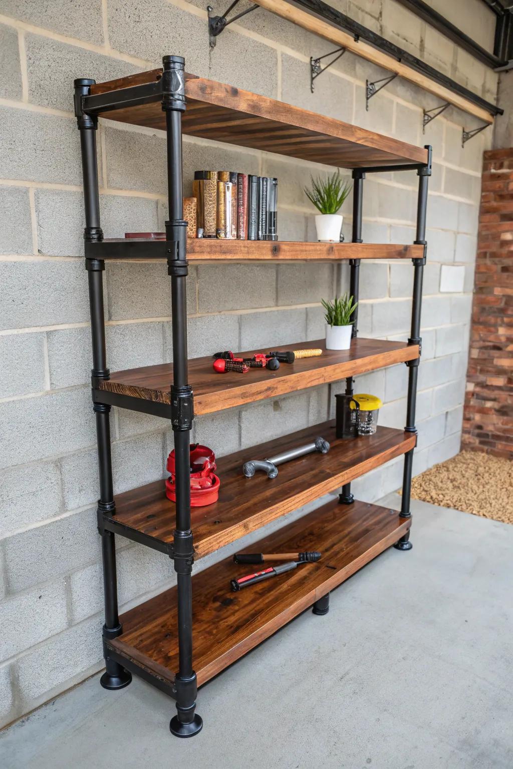 Elevate your garage with bold pipe and board shelving — where style meets functionality.