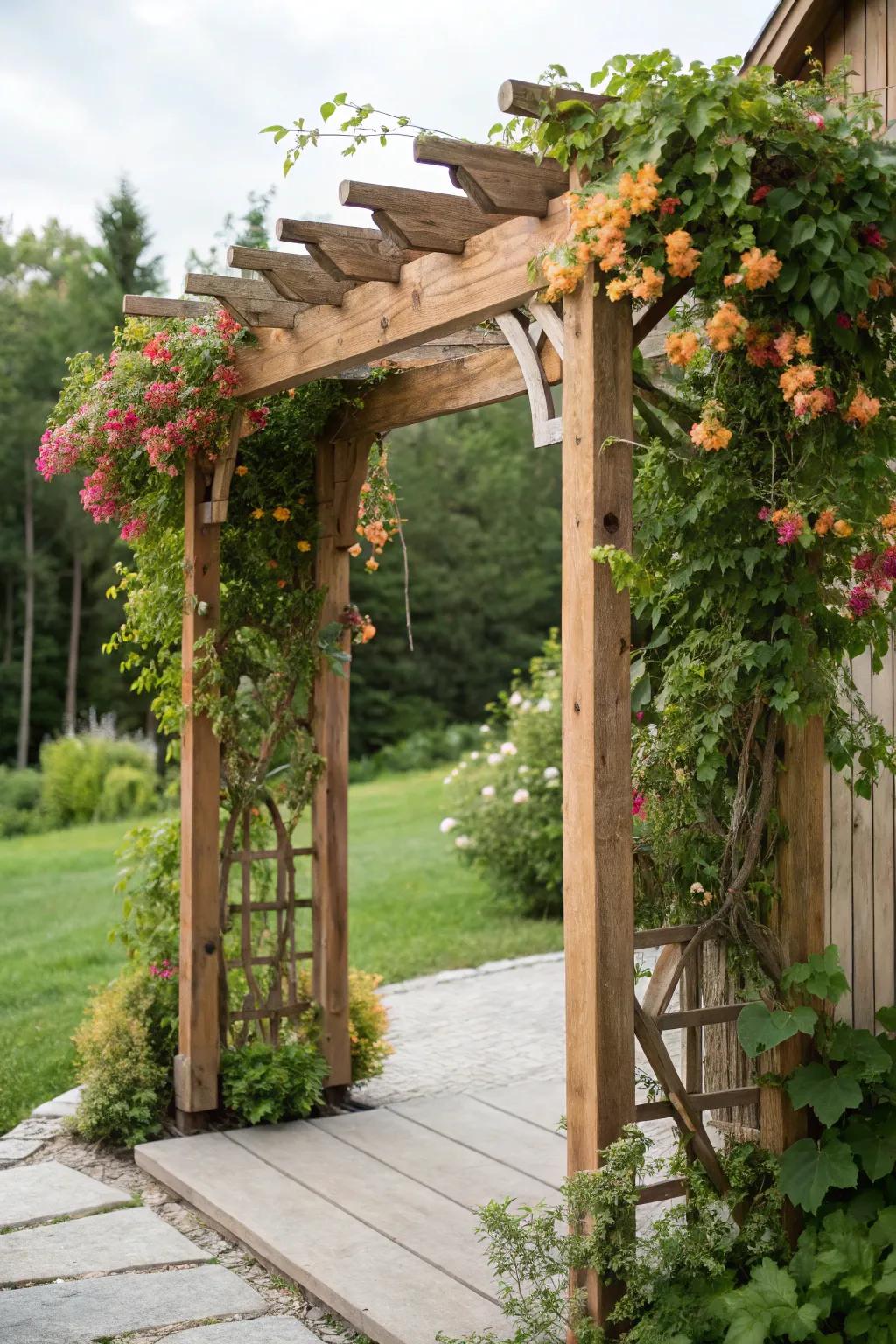 Embrace nature's embrace with a hops and honeysuckle arch.