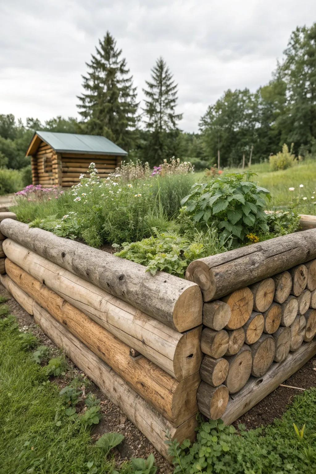 Embrace rustic charm with a log cabin style garden bed that brings nature's beauty to your backyard.