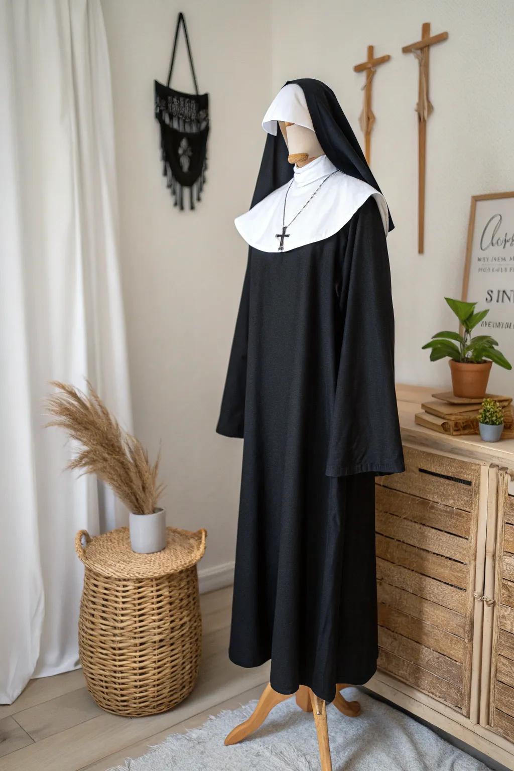 Craft your own chilling nun costume with minimalist elegance and a touch of haunting beauty.