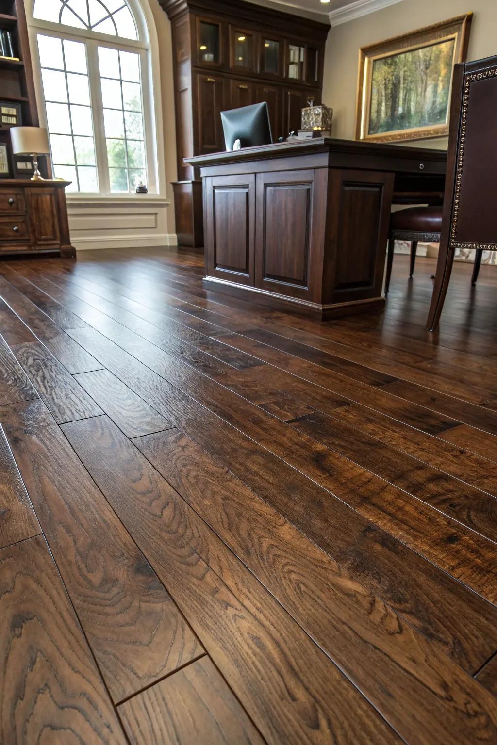 Elevate your space with the elegance of dark-stained hardwood floors.