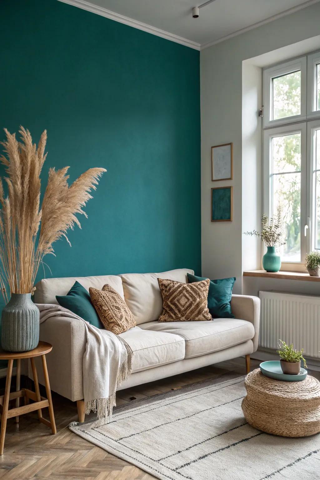 Transform your space with a striking deep teal accent wall that breathes life and vibrancy into your minimalist living room decor.