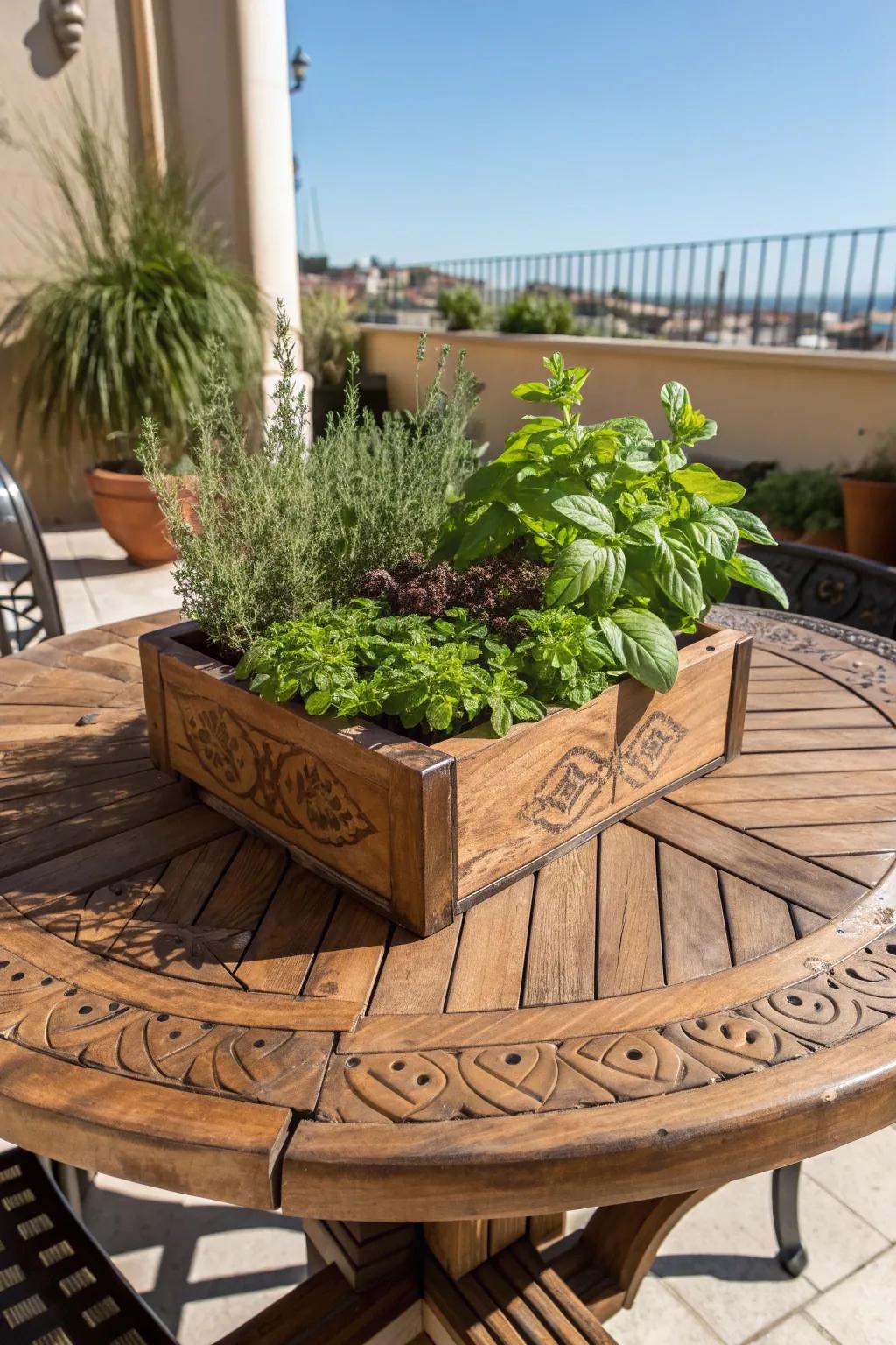 Elevate your outdoor dining with a handcrafted herb garden table—where style meets functionality.