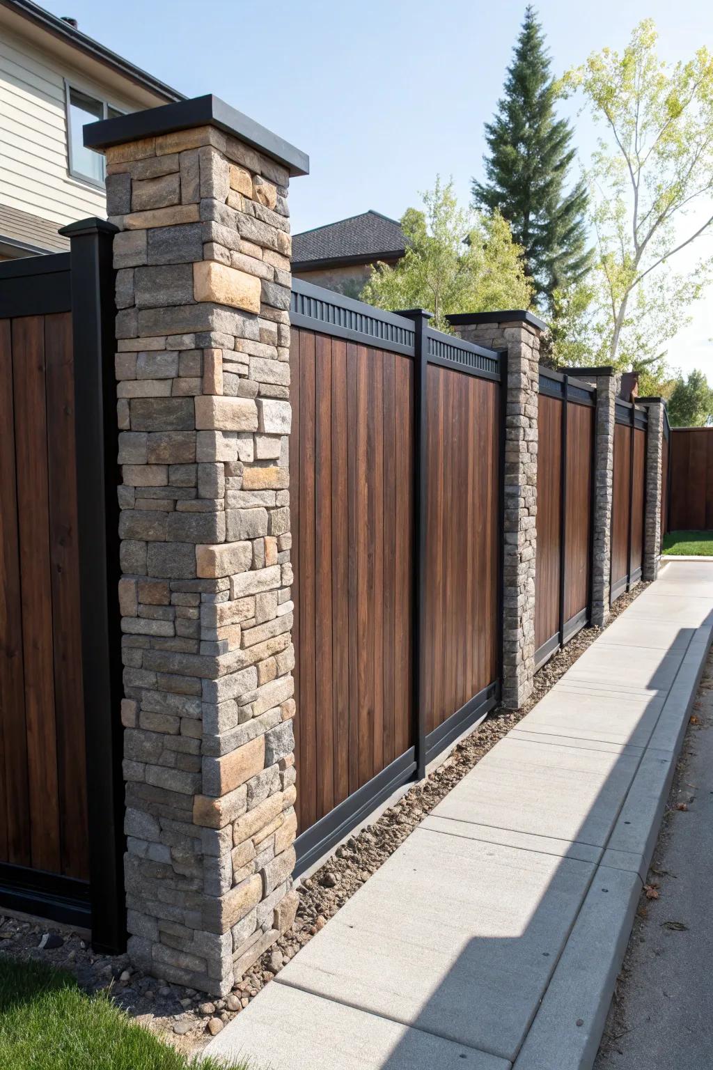 Elevate your outdoor space with a bold mixed material fence that combines wood, metal, and stone for a striking aesthetic.