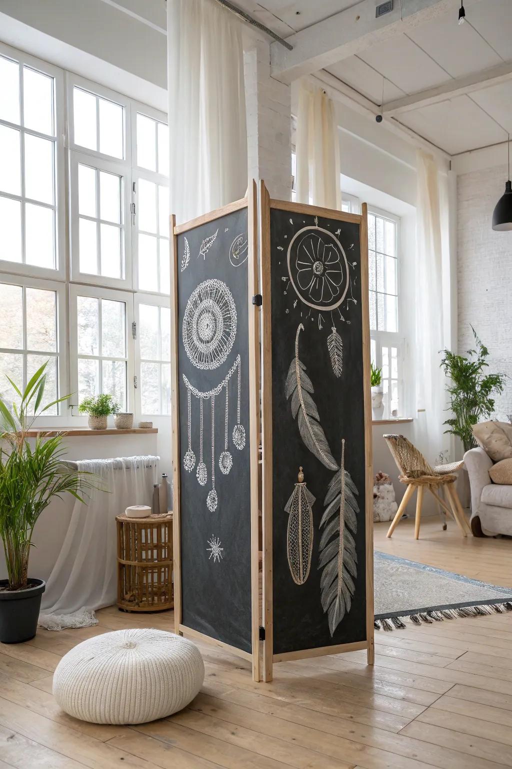 Unleash your creativity with a chalkboard room divider—a functional and artistic centerpiece for any minimalist space.