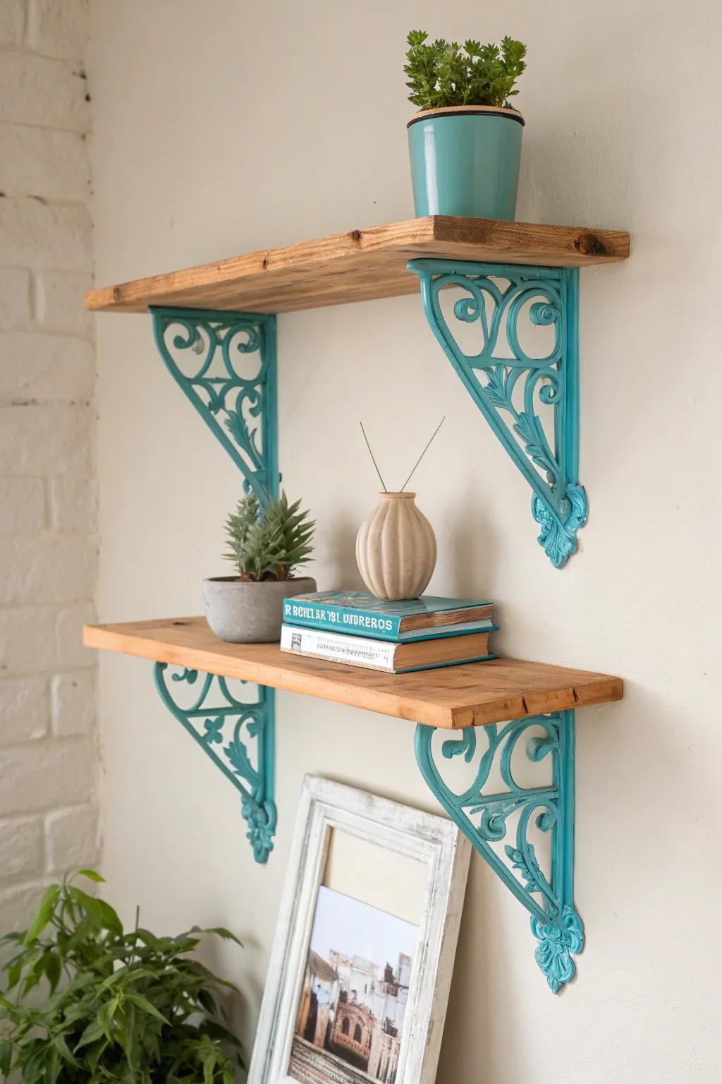 Transform your space with vibrant painted brackets that turn a simple shelf into a statement piece!