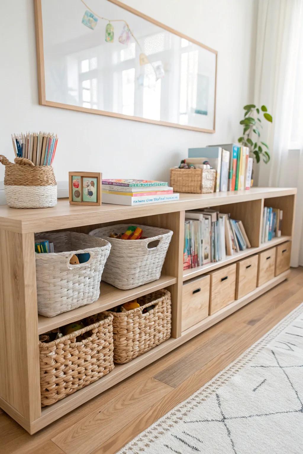Transform your toy storage with Scandinavian charm and Boho flair: A repurposed bookshelf that blends organization and style effortlessly.