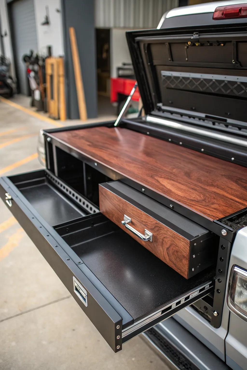 Transform your truck tool box with a sleek foldable workbench – the perfect blend of mobility and craftsmanship.