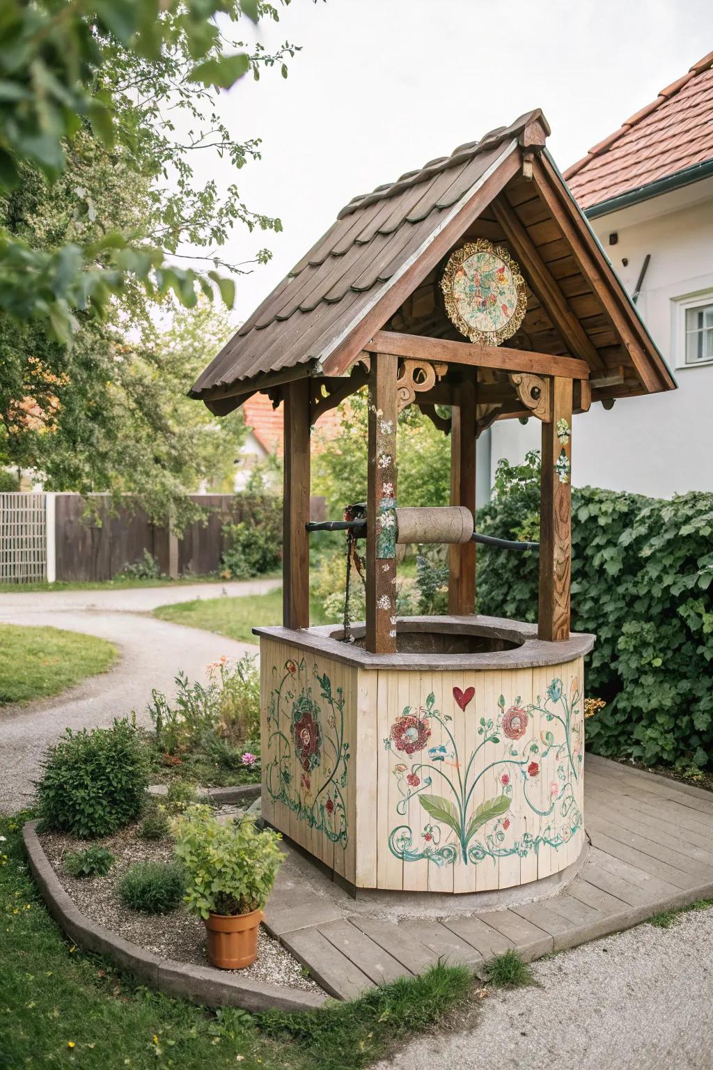 Add a splash of whimsy to your garden with a painted wishing well that delights the senses and sparks joy.