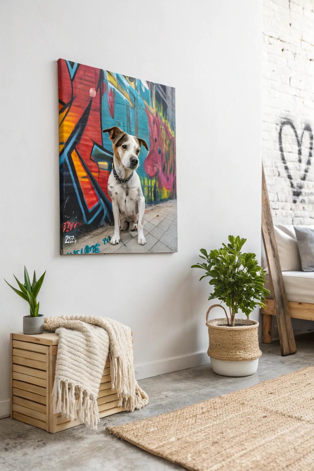 Unleash urban charm with a bold street art-inspired dog canvas, adding an edgy flair to minimalist decor.