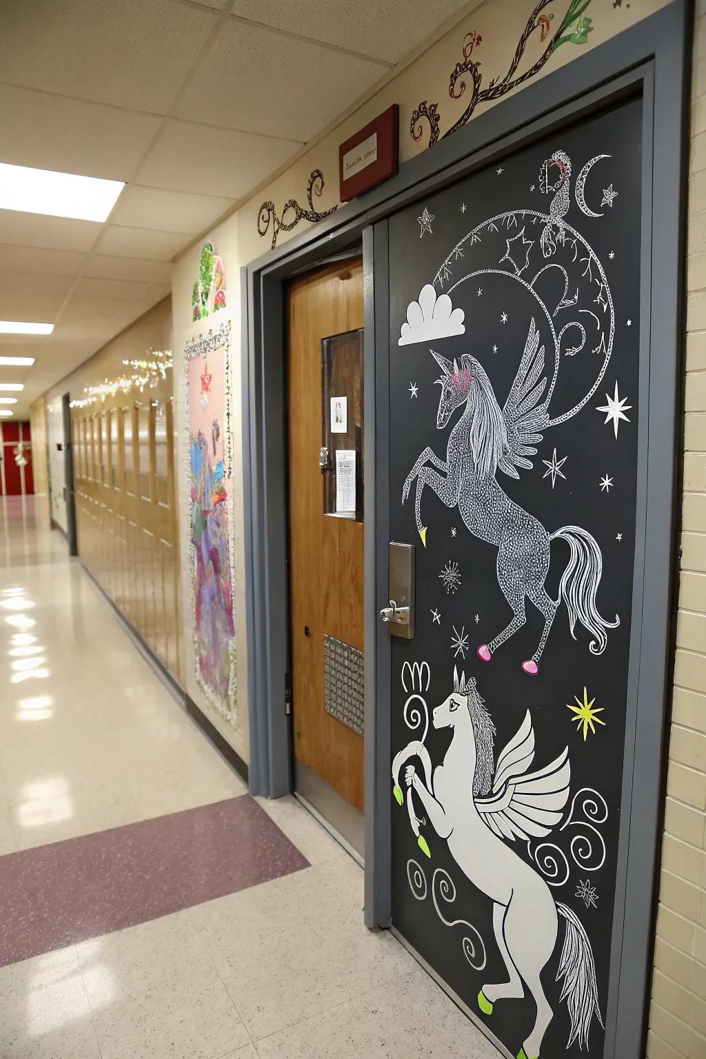 A classroom door decorated with mystical animals, capturing the imagination of students.