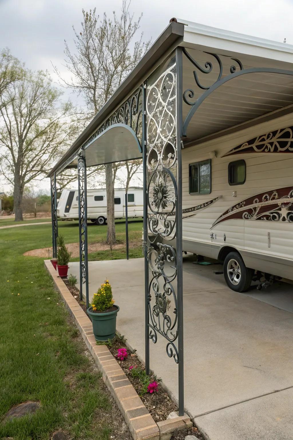 A carport with intricate metalwork details adding artistic value.
