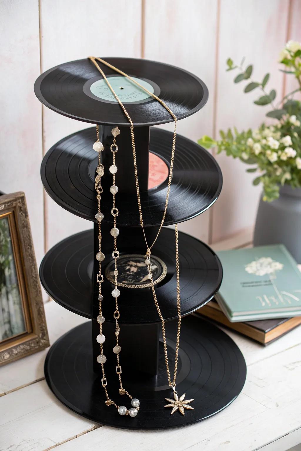 Elevate your jewelry display with this chic DIY vinyl record stand, where vintage meets modern elegance.