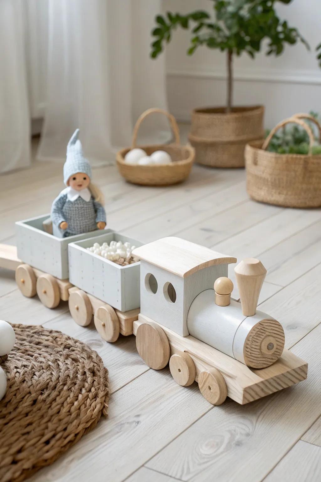 Embark on a magical journey with our minimalist toy train setup, where simplicity meets holiday wonder.