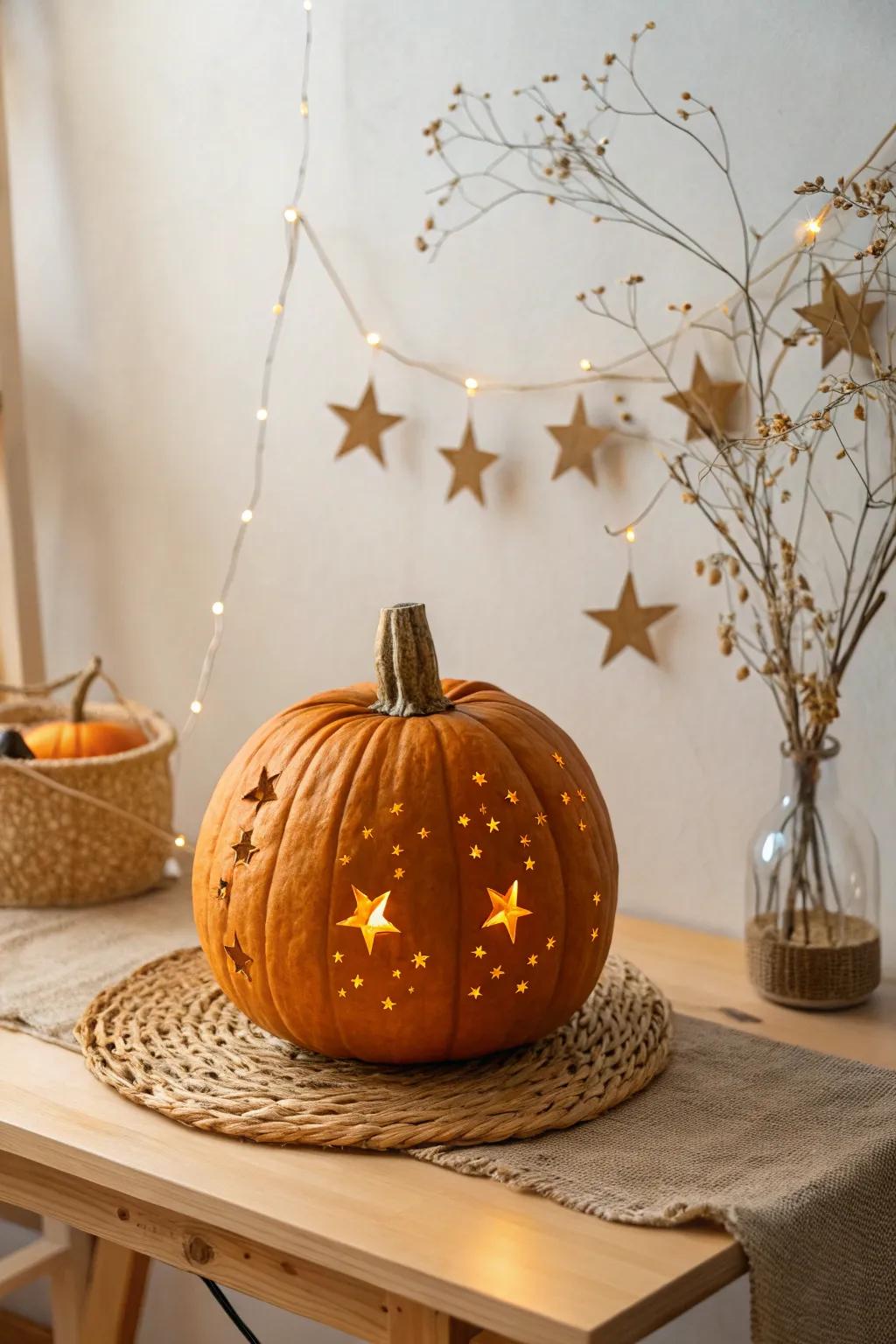 Illuminate your autumn nights with a starry pumpkin masterpiece, where Scandinavian minimalism meets boho charm.