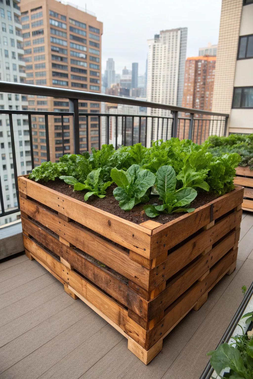 Transform your balcony into an urban oasis with a handcrafted pallet garden bed.