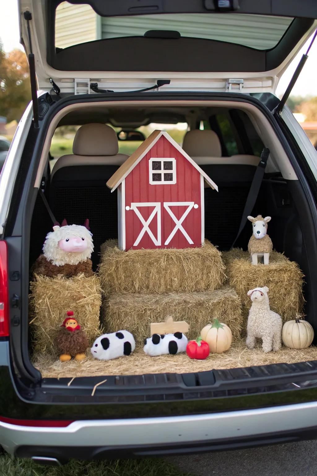 Bring the countryside charm to your trunk with this delightful farmyard setup. Perfect for a cozy and festive feel!