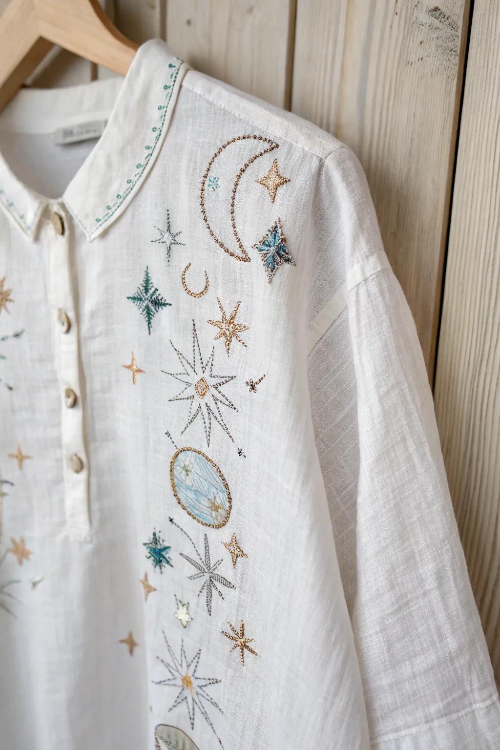 Embrace the night sky with delicate celestial embroidery on your favorite shirt.