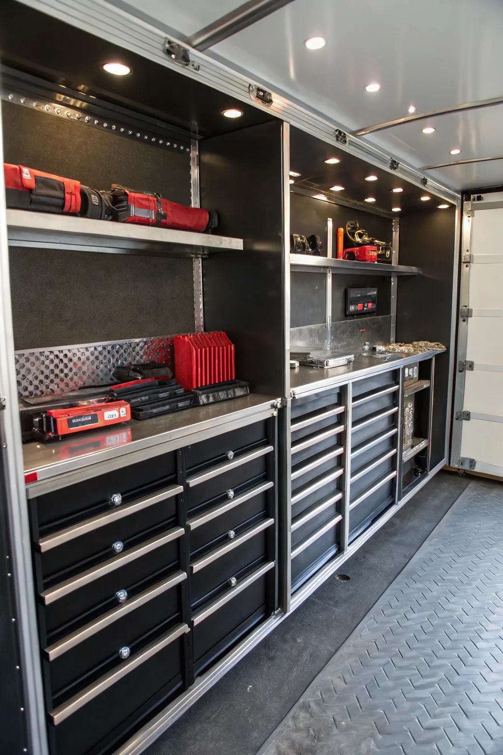 Master the Art of Organization: Transform Your Trailer with Adjustable Shelving Excellence.