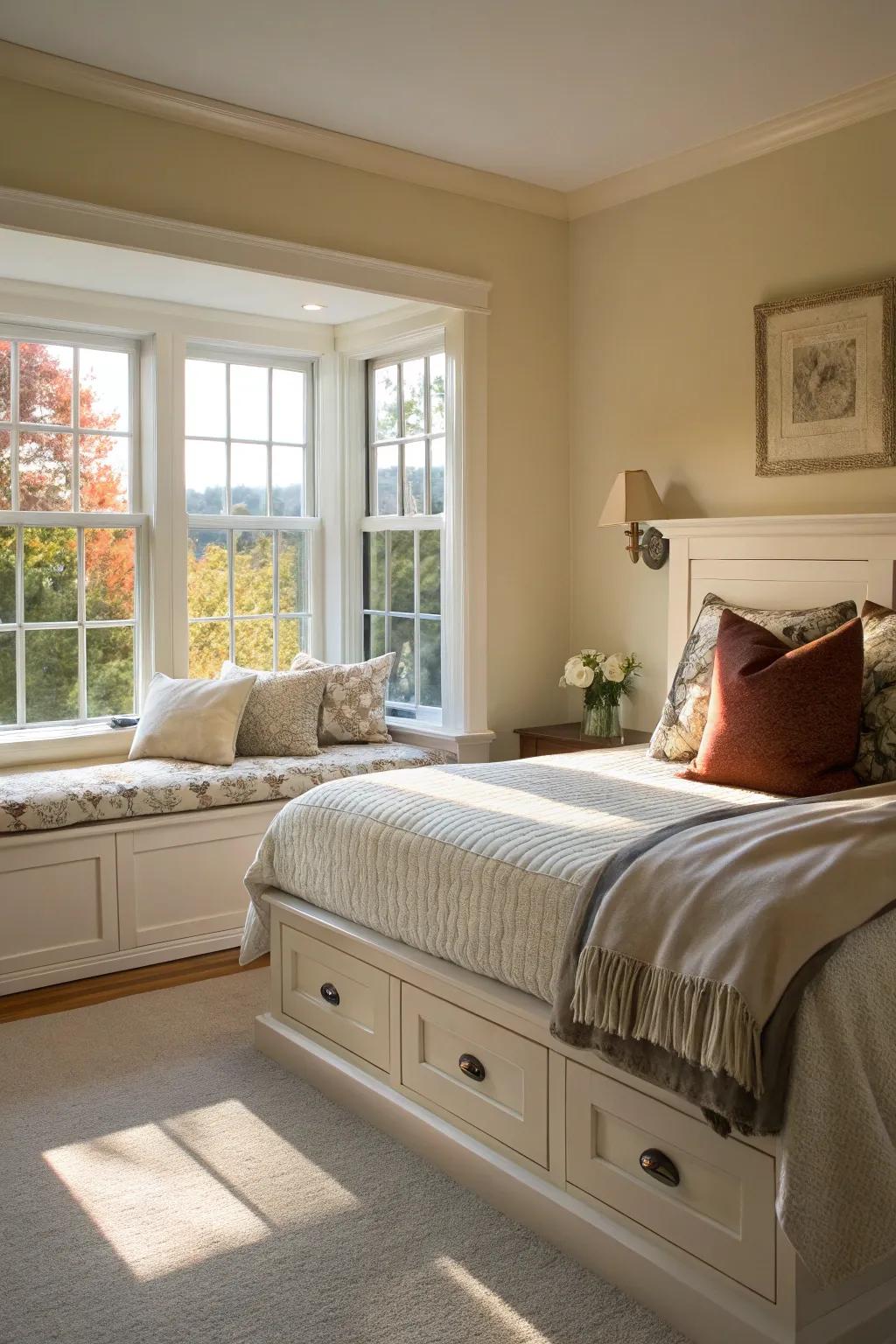 A window seat with storage offers a cozy nook.