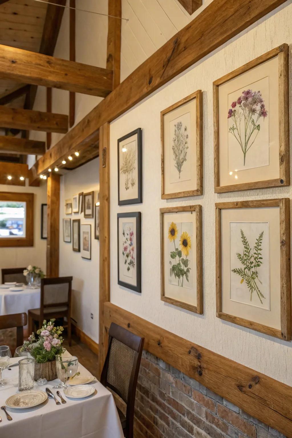 Framed pressed flowers add a touch of nature to this dining room.