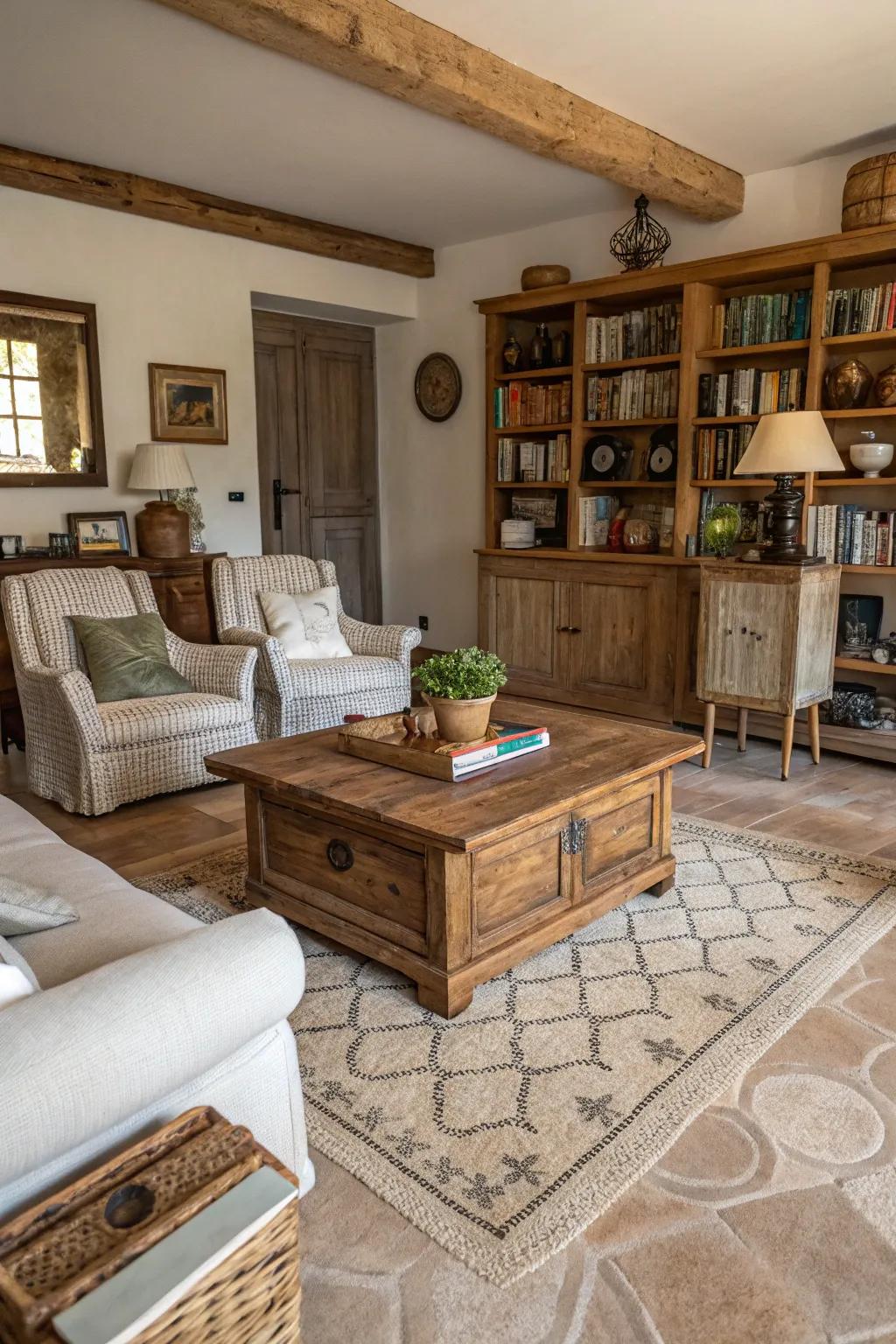 Layered tile textures create depth and interest in this farmhouse living room.