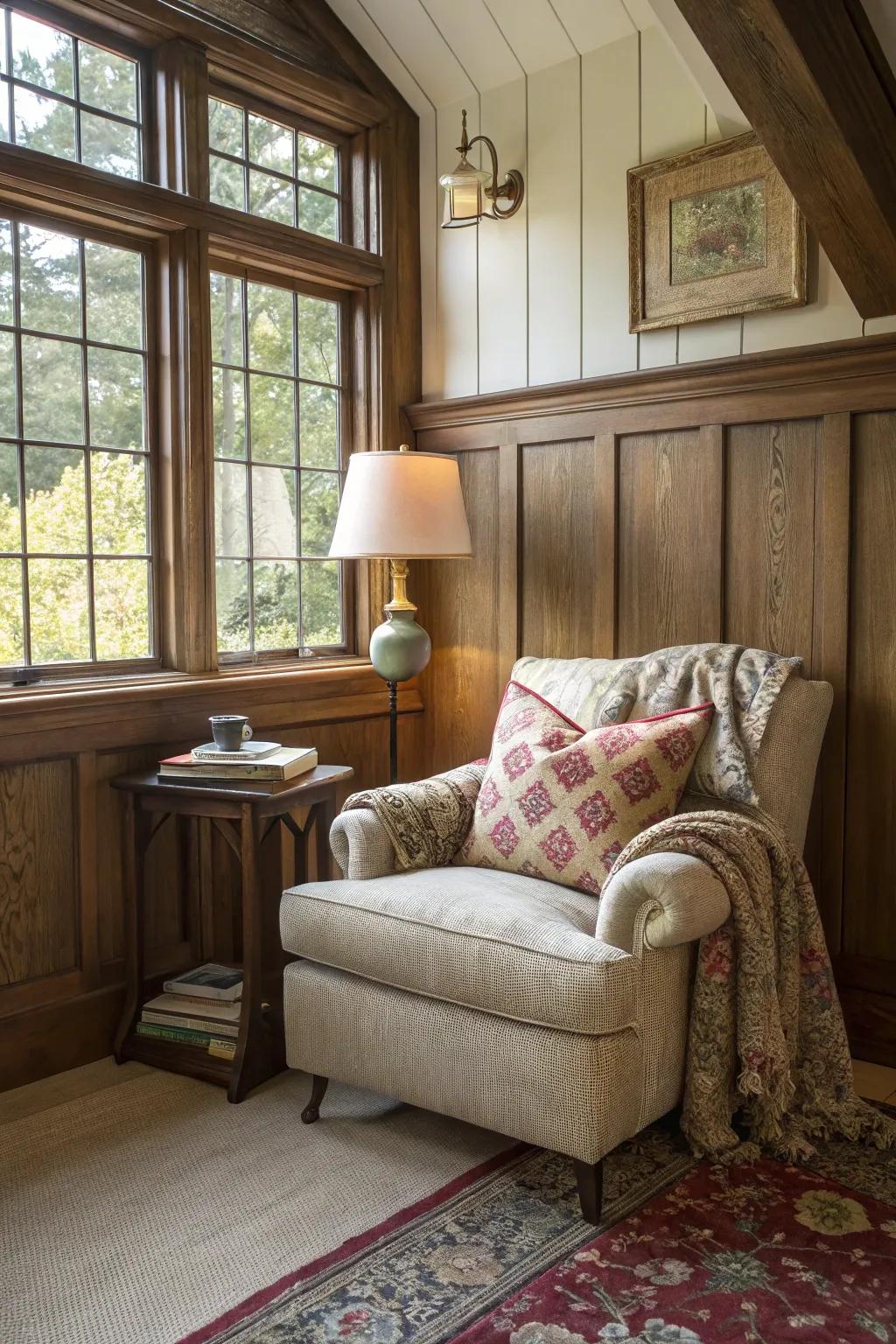 Inviting reading nook with textural wainscoting.