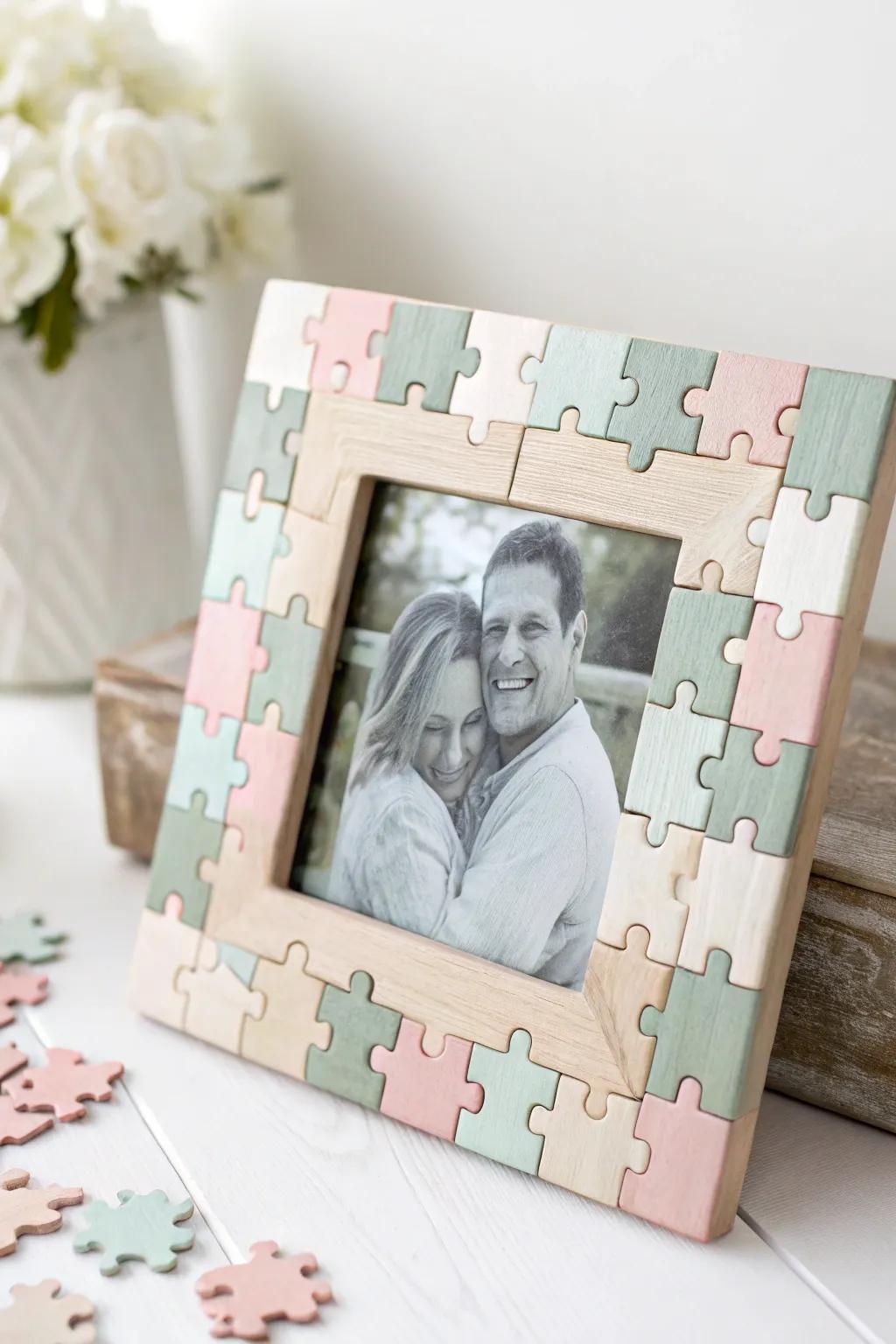 Craft a heartfelt gift: A puzzle piece photo frame that captures cherished family moments.