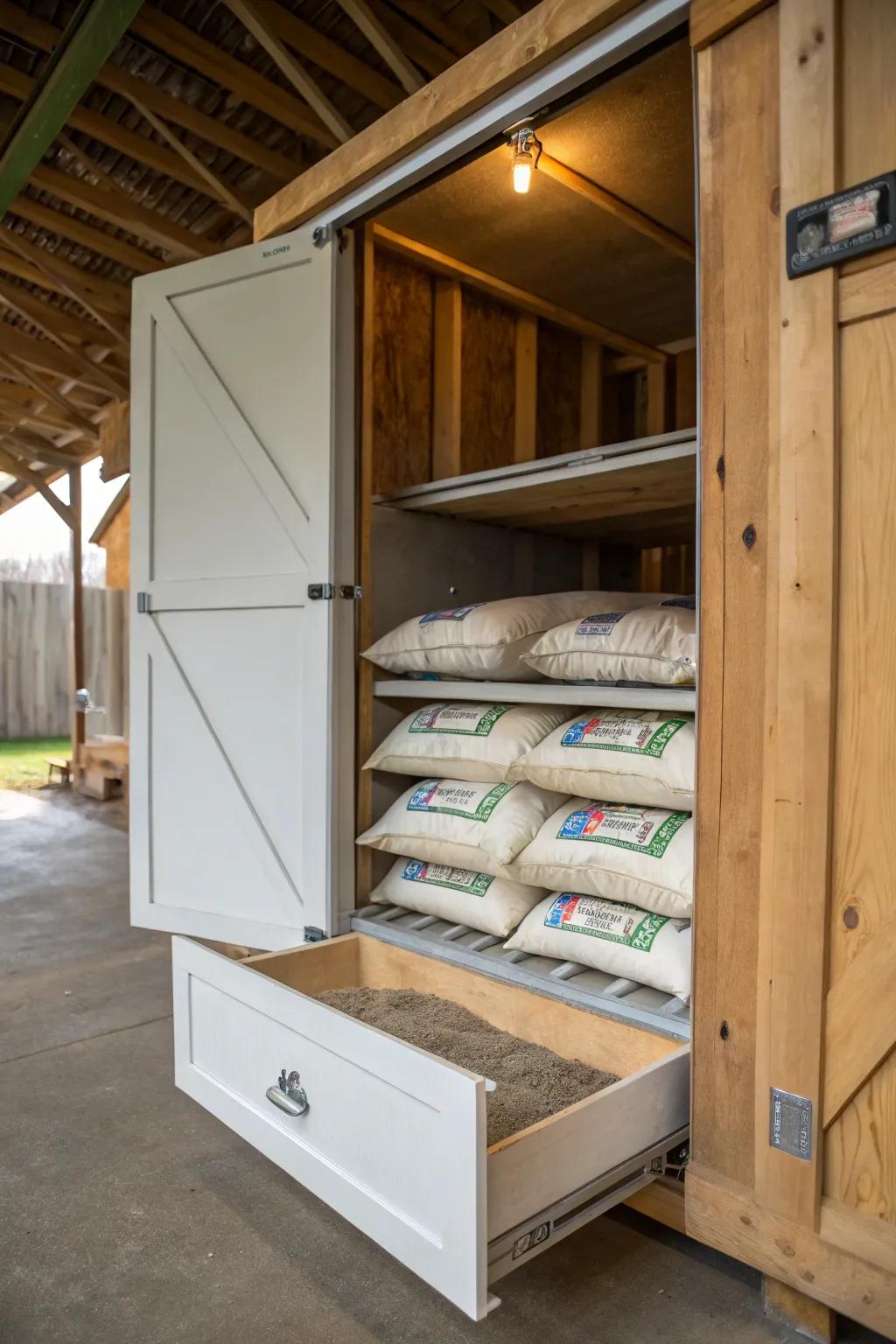In-drawer storage solution for discreet feed management.