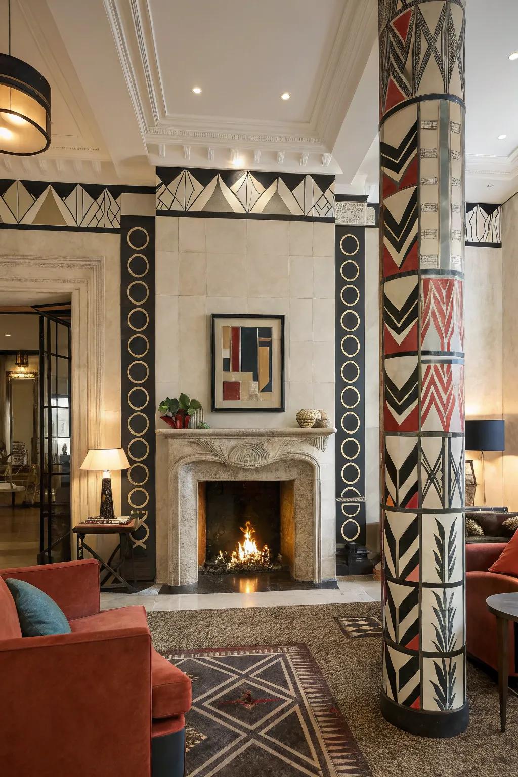 Geometric patterns on columns offer a modern artistic flair.