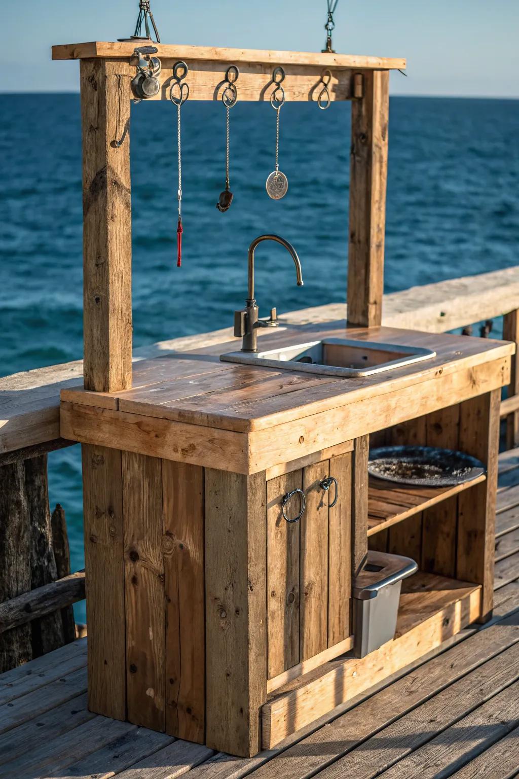 Embrace the rustic allure of craftsmanship with this reclaimed wood fish cleaning station.