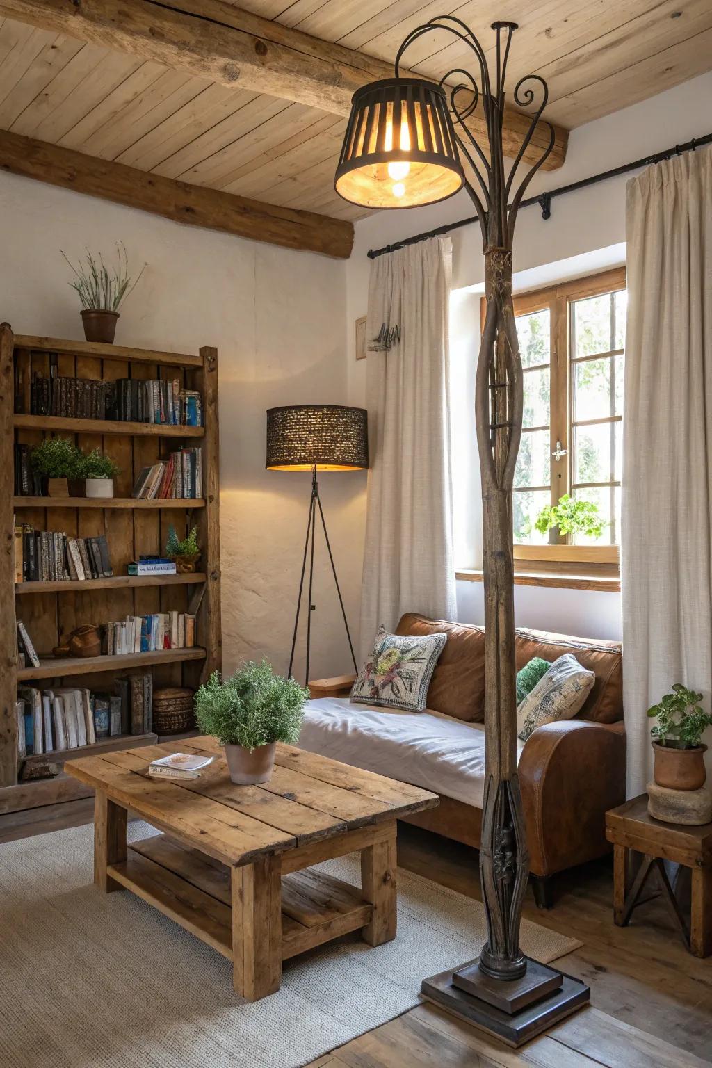 Embrace the warmth of a rustic retreat with a floor lamp that complements natural wood elements.