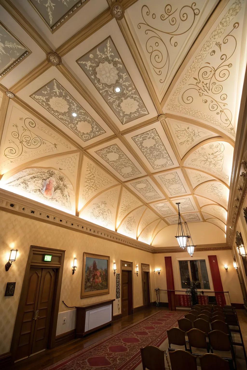 Artistic ceiling panels adding flair to a gable ceiling.