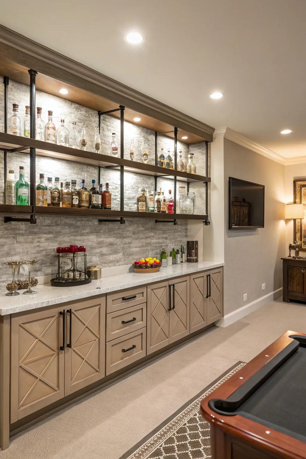 Floating bar shelves offer both style and functionality in your game room.