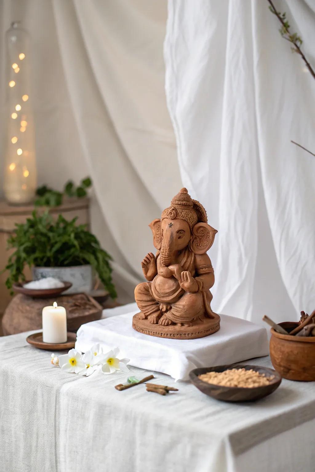 A clay idol offers a minimalistic and eco-conscious touch.