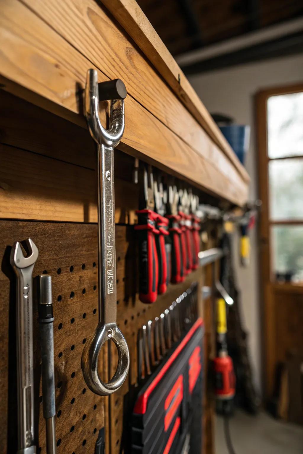 Maximize your garage space with stylish under-shelf hooks that showcase your tools and craftsmanship.