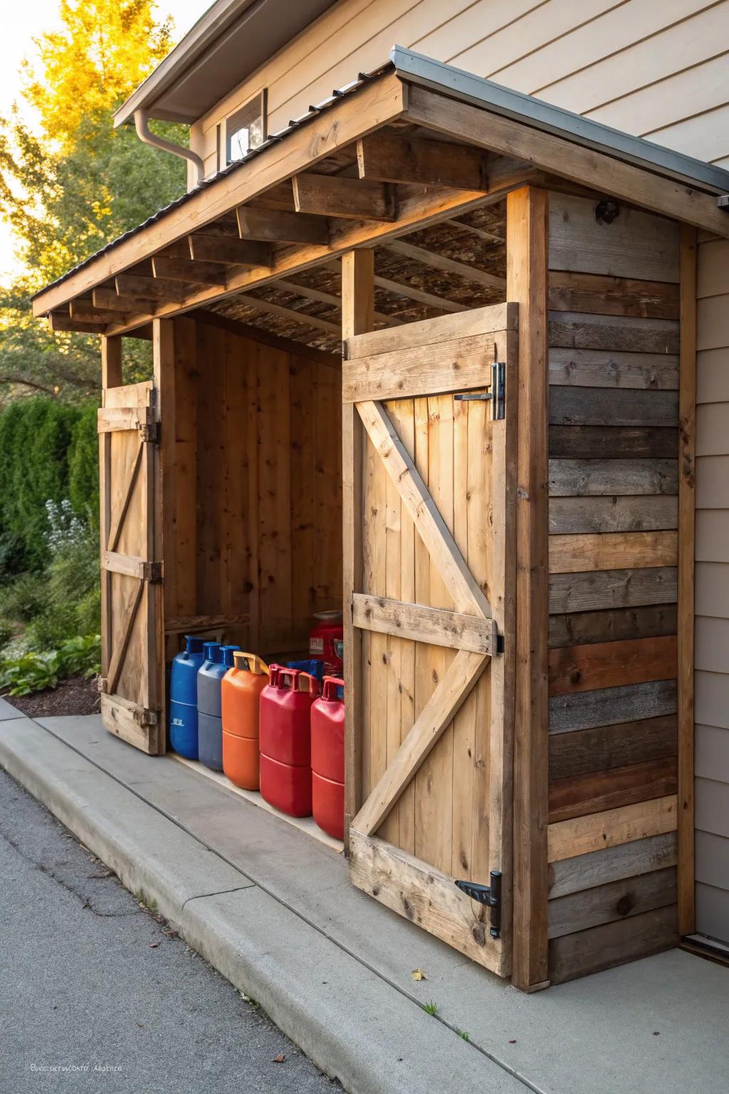 Maximize your garage space with this sleek lean-to shelter for gas cans. Craftsmanship meets functionality.