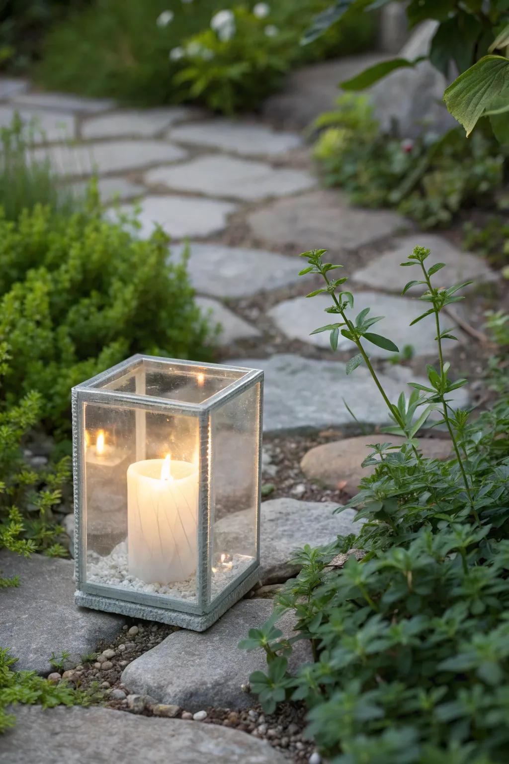 Illuminate your garden paths with the enchanting glow of a crafted glass block lantern.