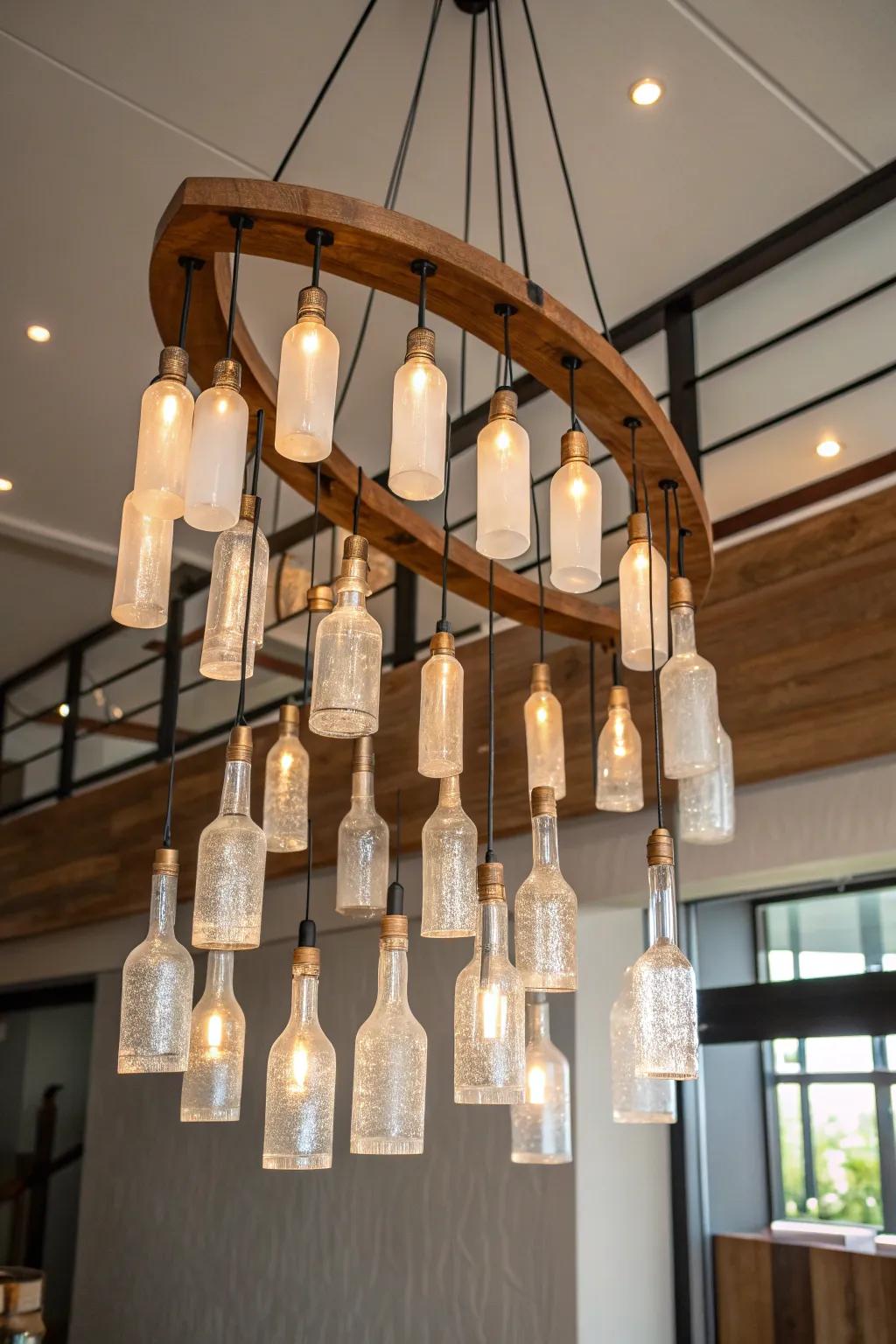 Illuminate your space with the enchanting glow of a handcrafted glass bottle chandelier, a perfect blend of simplicity and elegance.