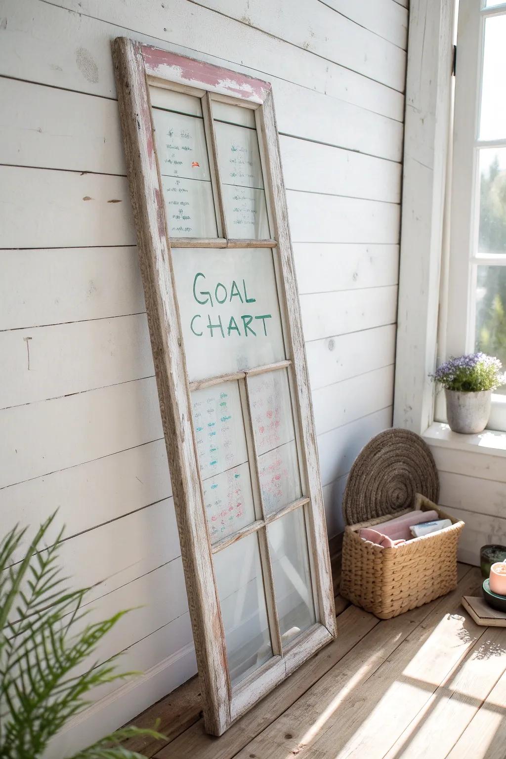 Transform your goals into art with a vintage window frame chart. Embrace simplicity and sustainability with style.