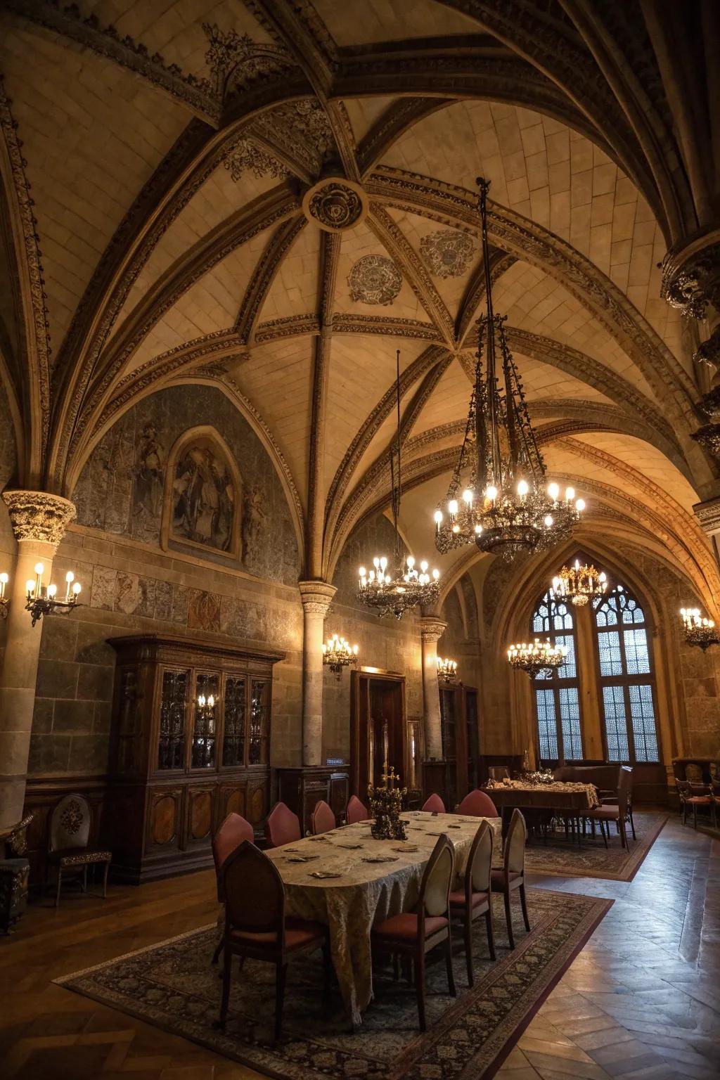 Architectural elements that anchor the room in Gothic tradition.