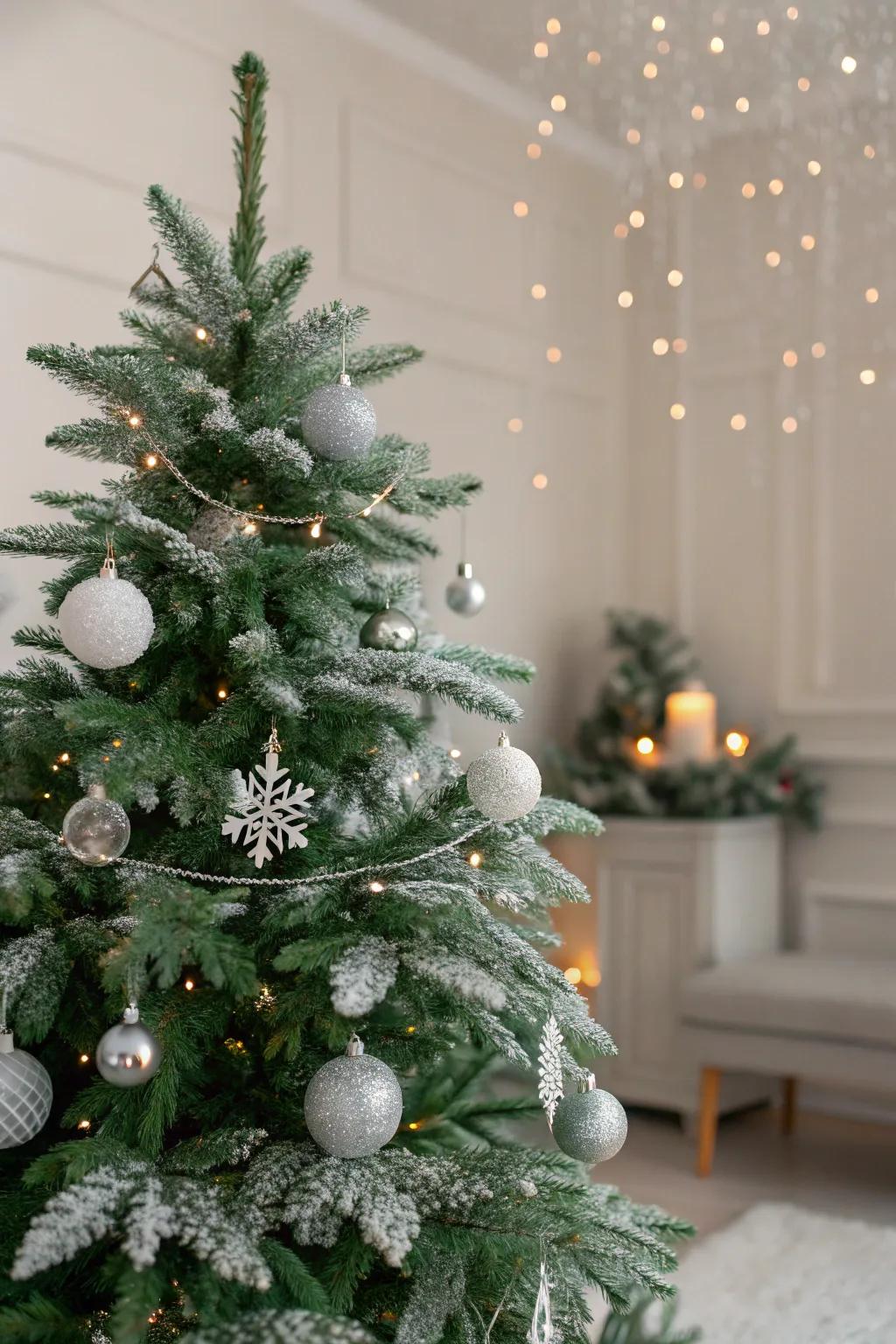A frosted Christmas tree that evokes the beauty of a winter wonderland.