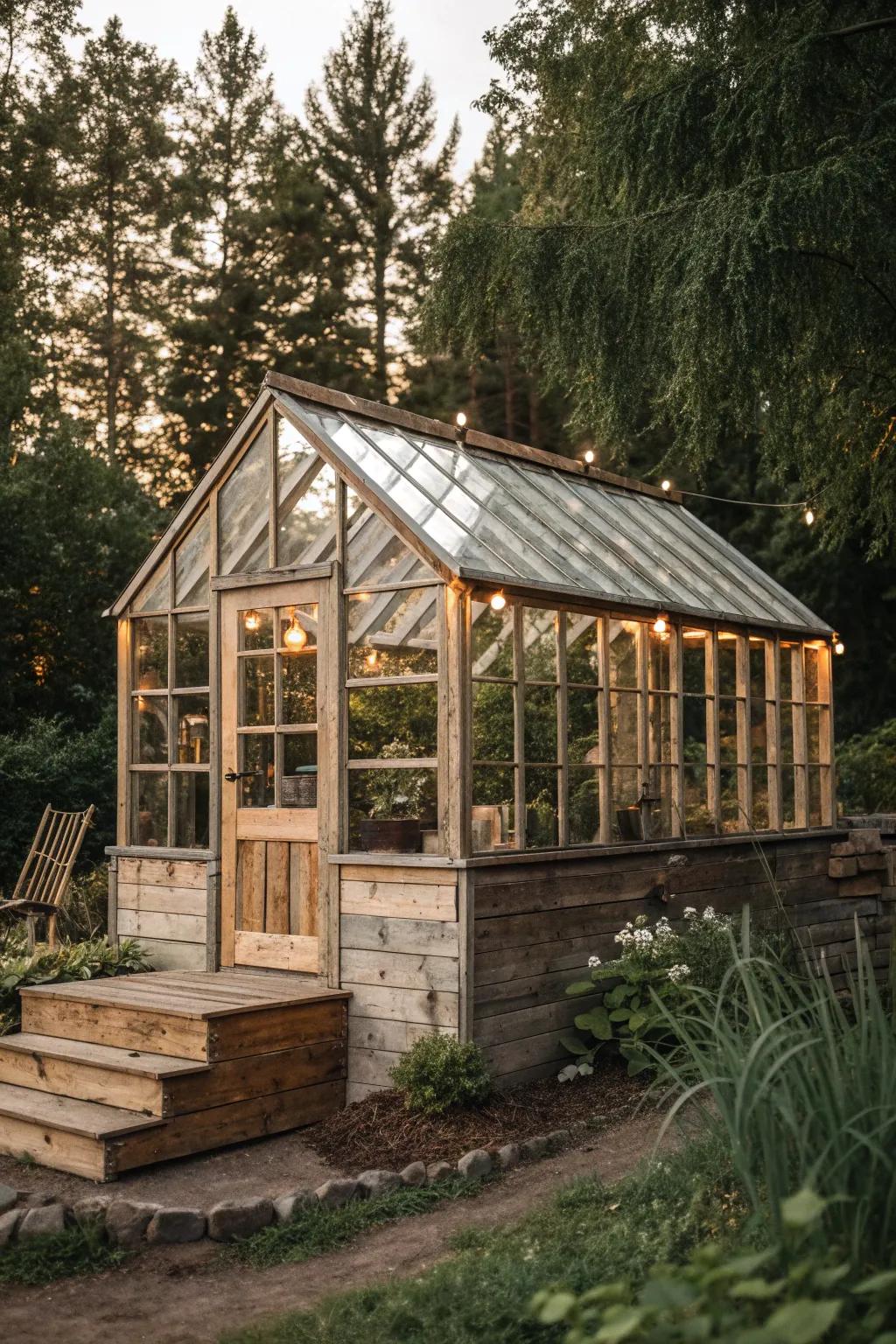 Embrace eco-chic design with a stunning reclaimed wood foundation that brings character and sustainability to your greenhouse.