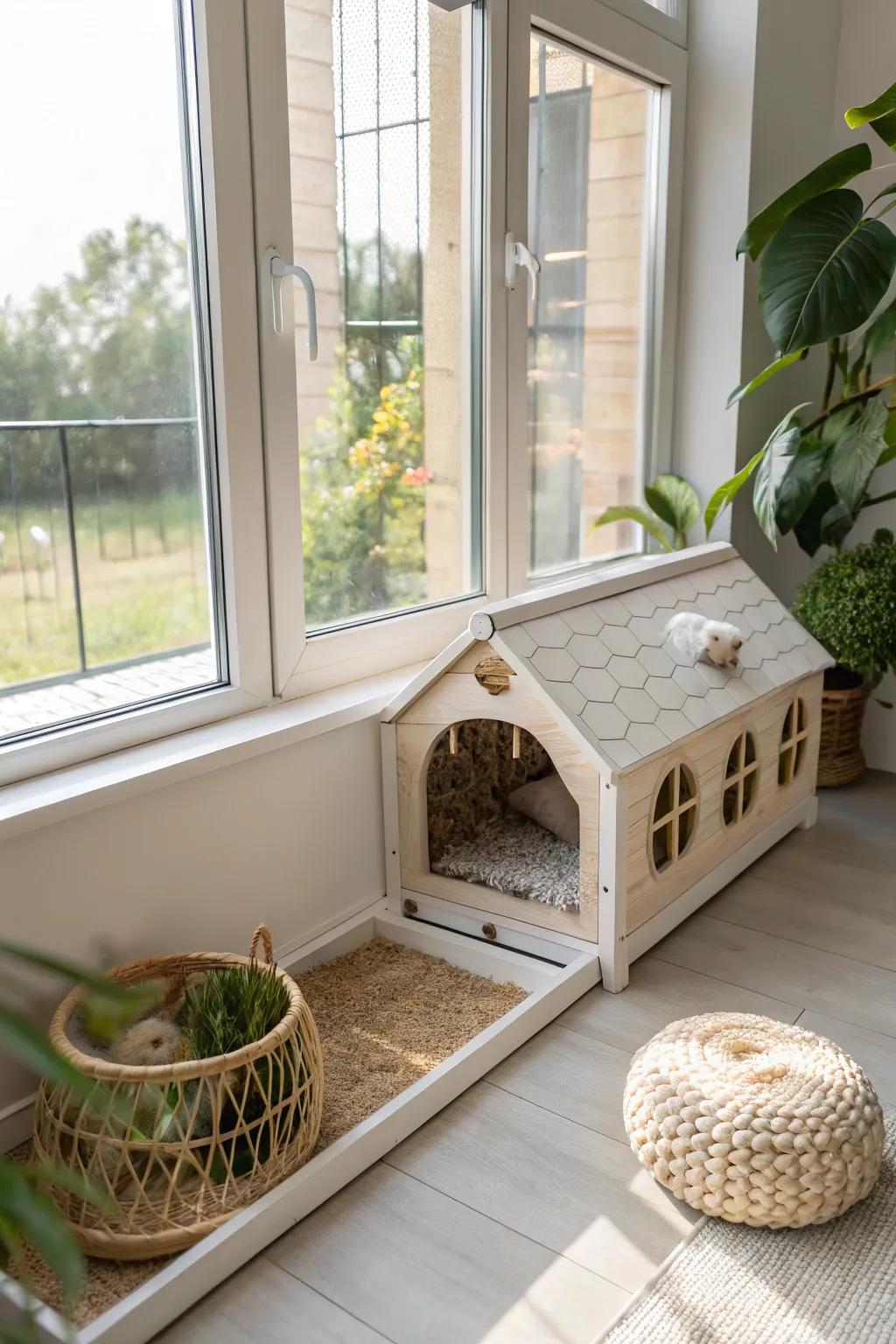Create a serene sanctuary for your guinea pigs with a minimalist enclosure by the window, where natural beauty meets craftsmanship.