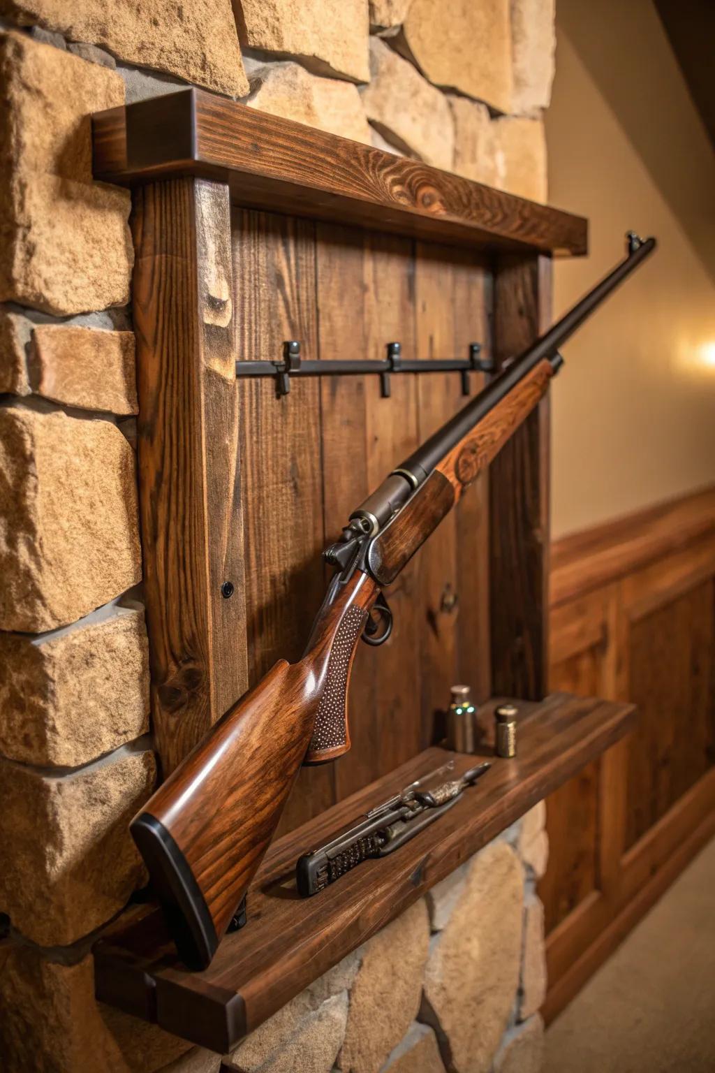 Elevate your space with a handcrafted rustic gun rack, where sustainability meets style.
